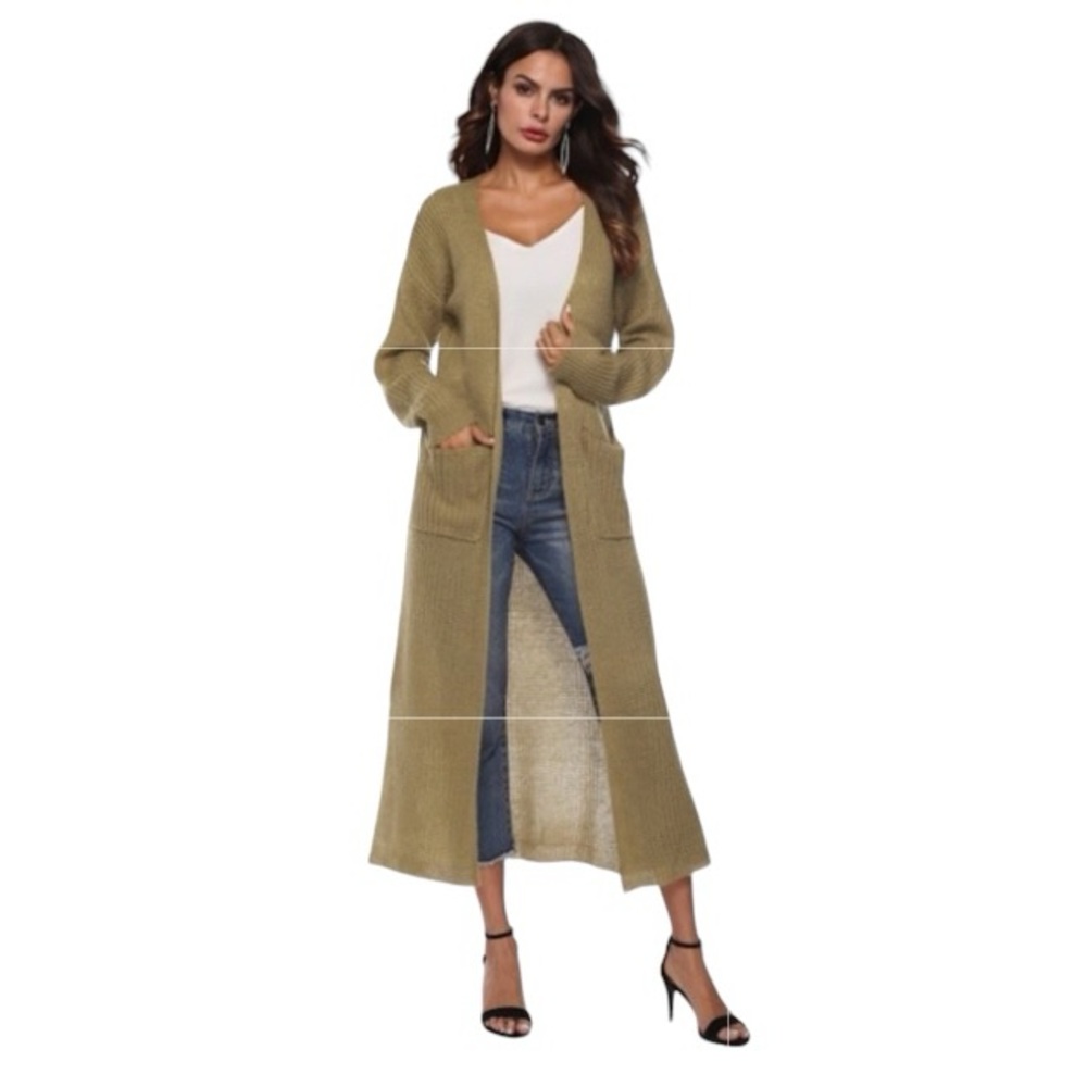 Long Open Front Olive Green Knit Cardigan Sweater NWOT